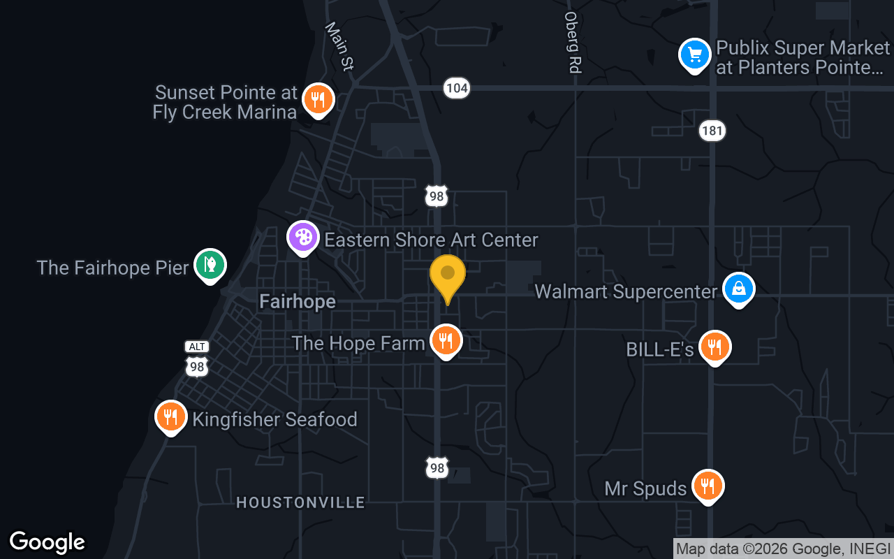 Map of bar trivia spots in Fairhope, AL