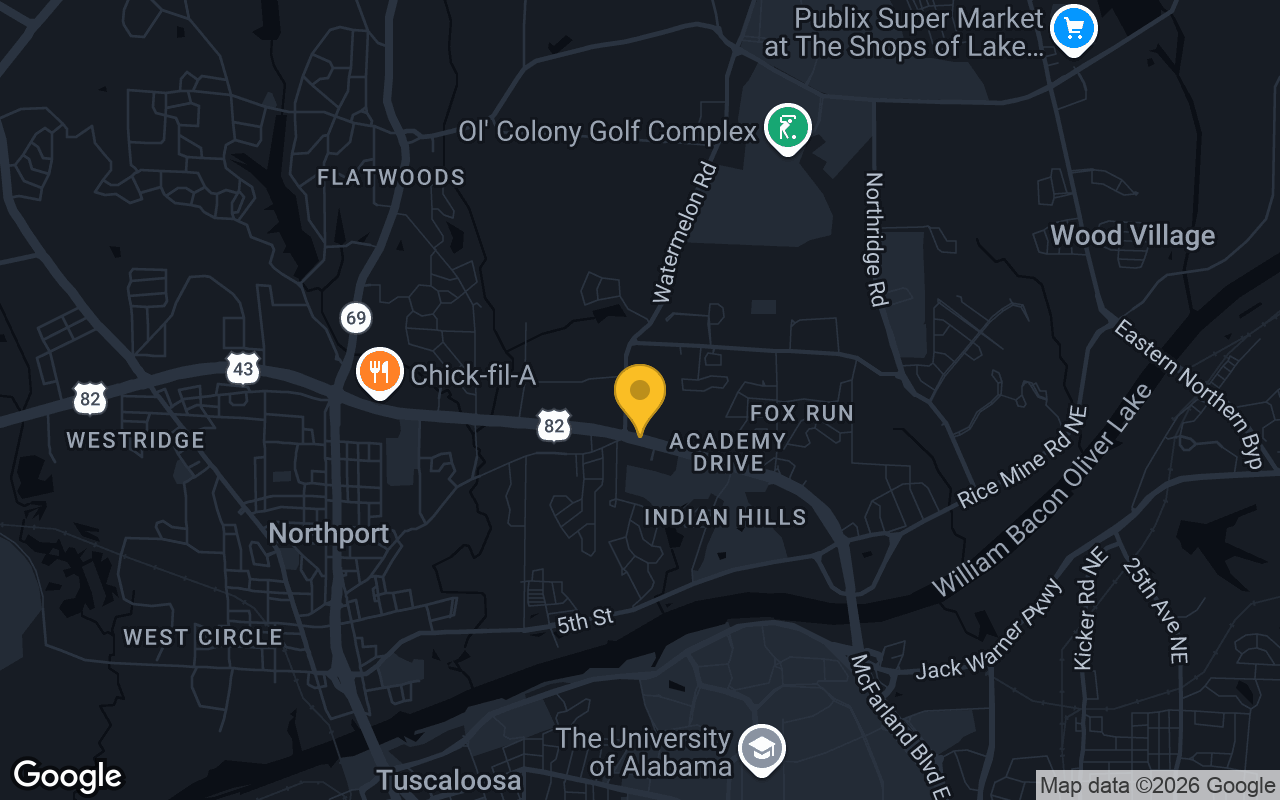 Map of bar trivia spots in Tuscaloosa, AL
