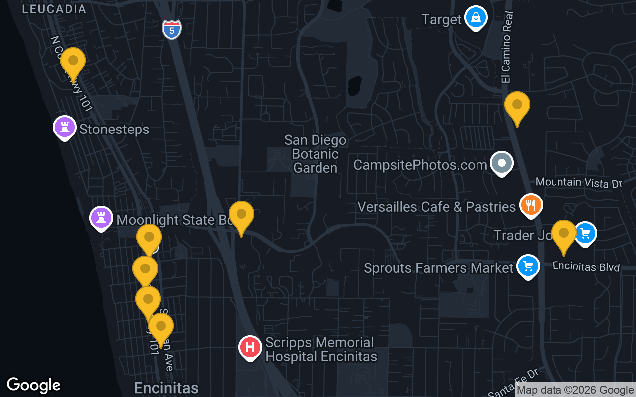 Map of bar trivia spots in Encinitas, CA