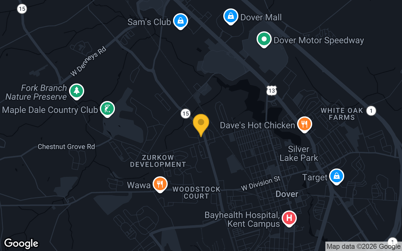 Map of bar trivia spots in Dover, DE