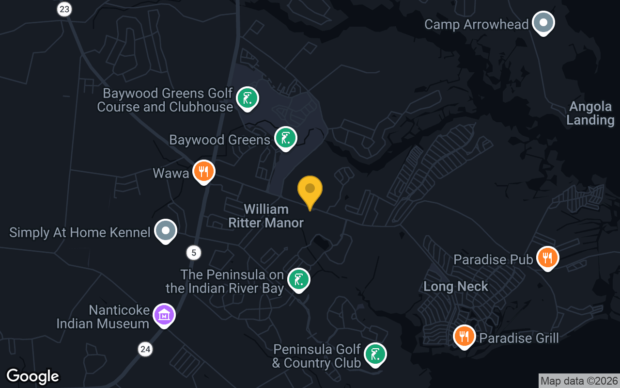Map of bar trivia spots in Long Neck, DE