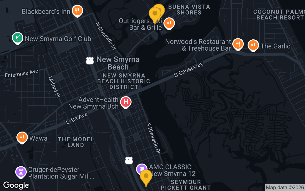 Map of bar trivia spots in New Smyrna Beach, FL