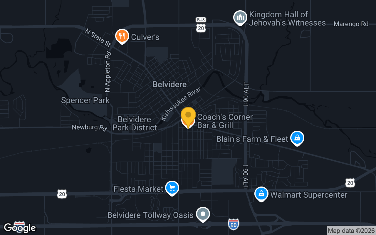 Map of bar trivia spots in Belvidere, IL
