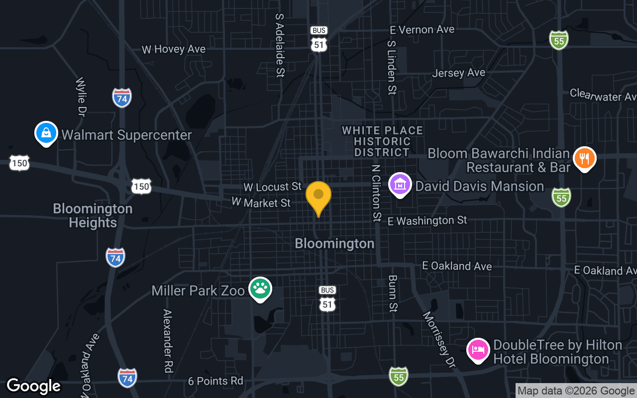 Map of bar trivia spots in Bloomington, IL