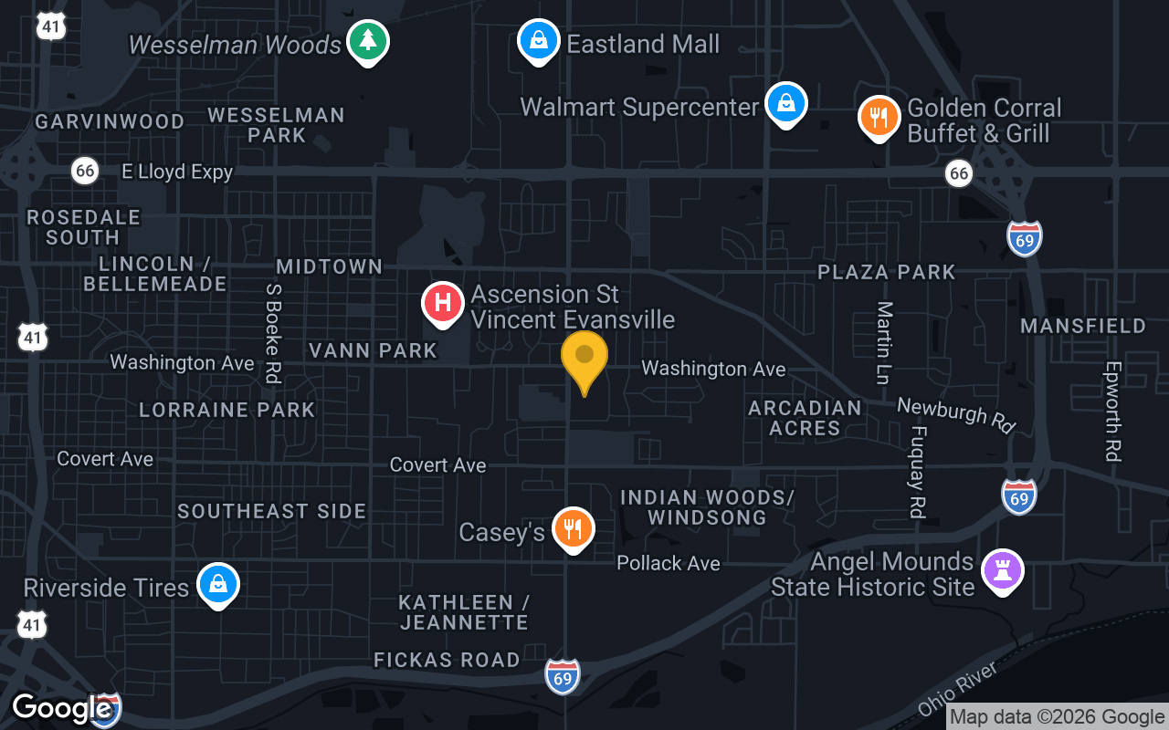 Map of bar trivia spots in Evansville, IN
