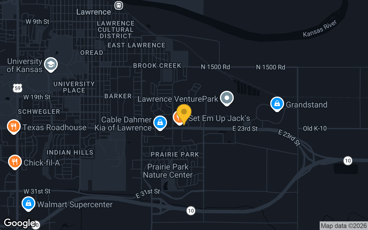 Map of bar trivia spots in Lawrence, KS