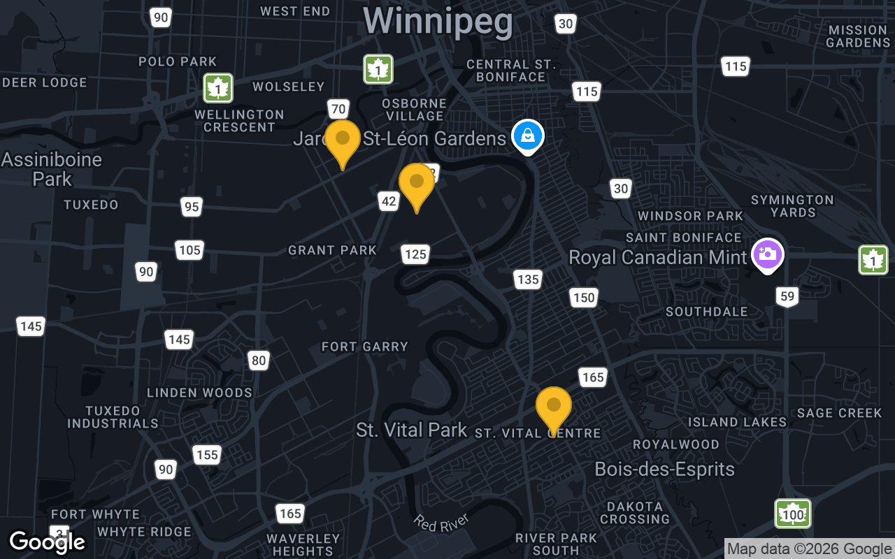 Map of bar trivia spots in Winnipeg, MB