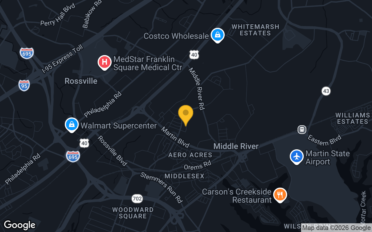 Map of bar trivia spots in Middle River, MD