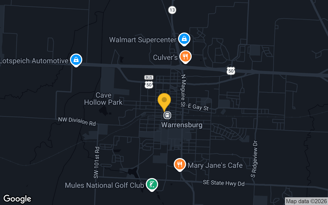 Map of bar trivia spots in Warrensburg, MO
