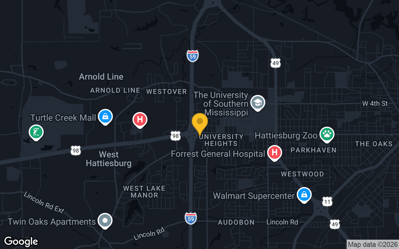 Map of bar trivia spots in Hattiesburg, MS
