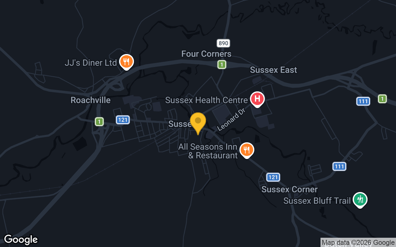 Map of bar trivia spots in Sussex, NB