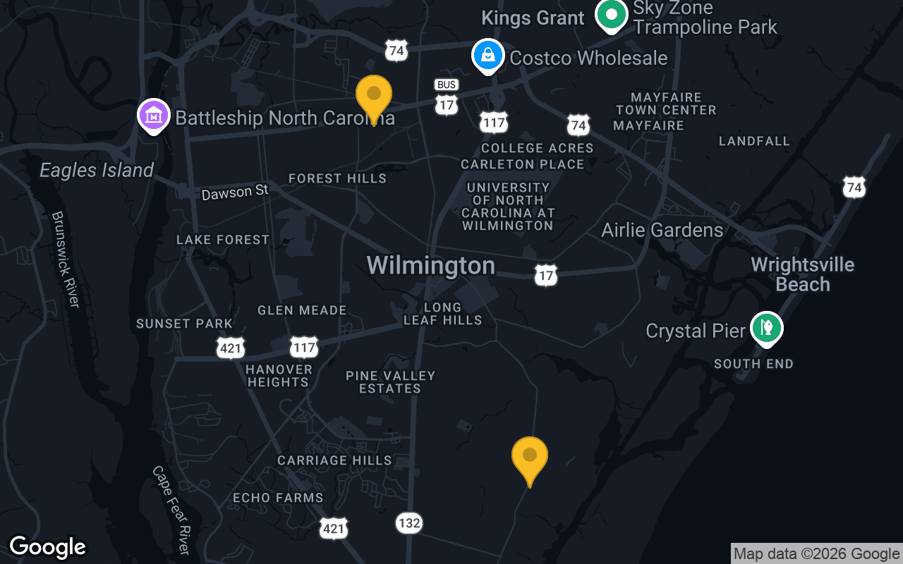 Map of bar trivia spots in Wilmington, NC