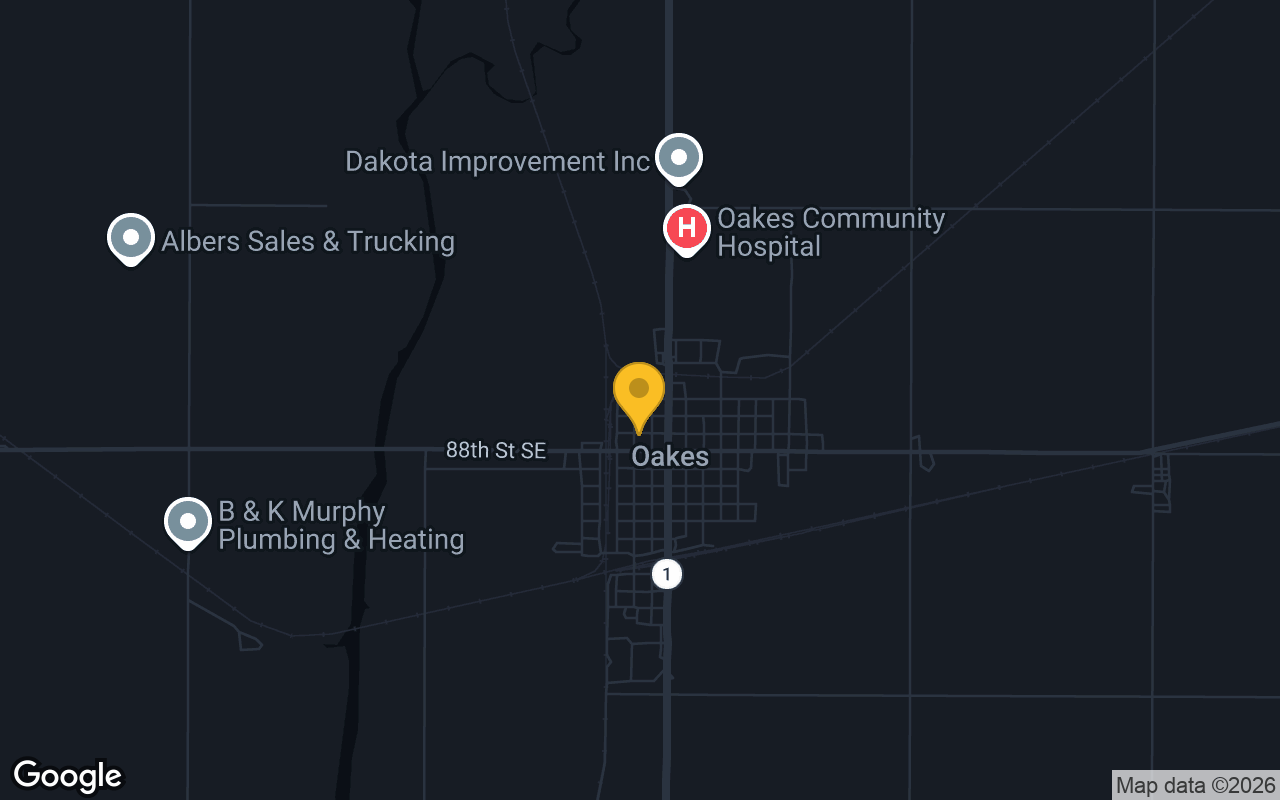 Map of bar trivia spots in Oakes, ND