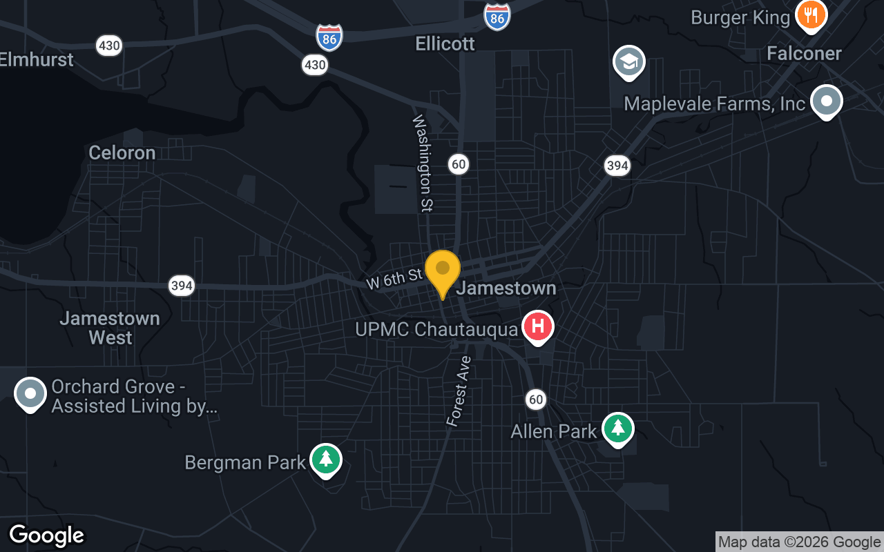 Map of bar trivia spots in Jamestown, NY