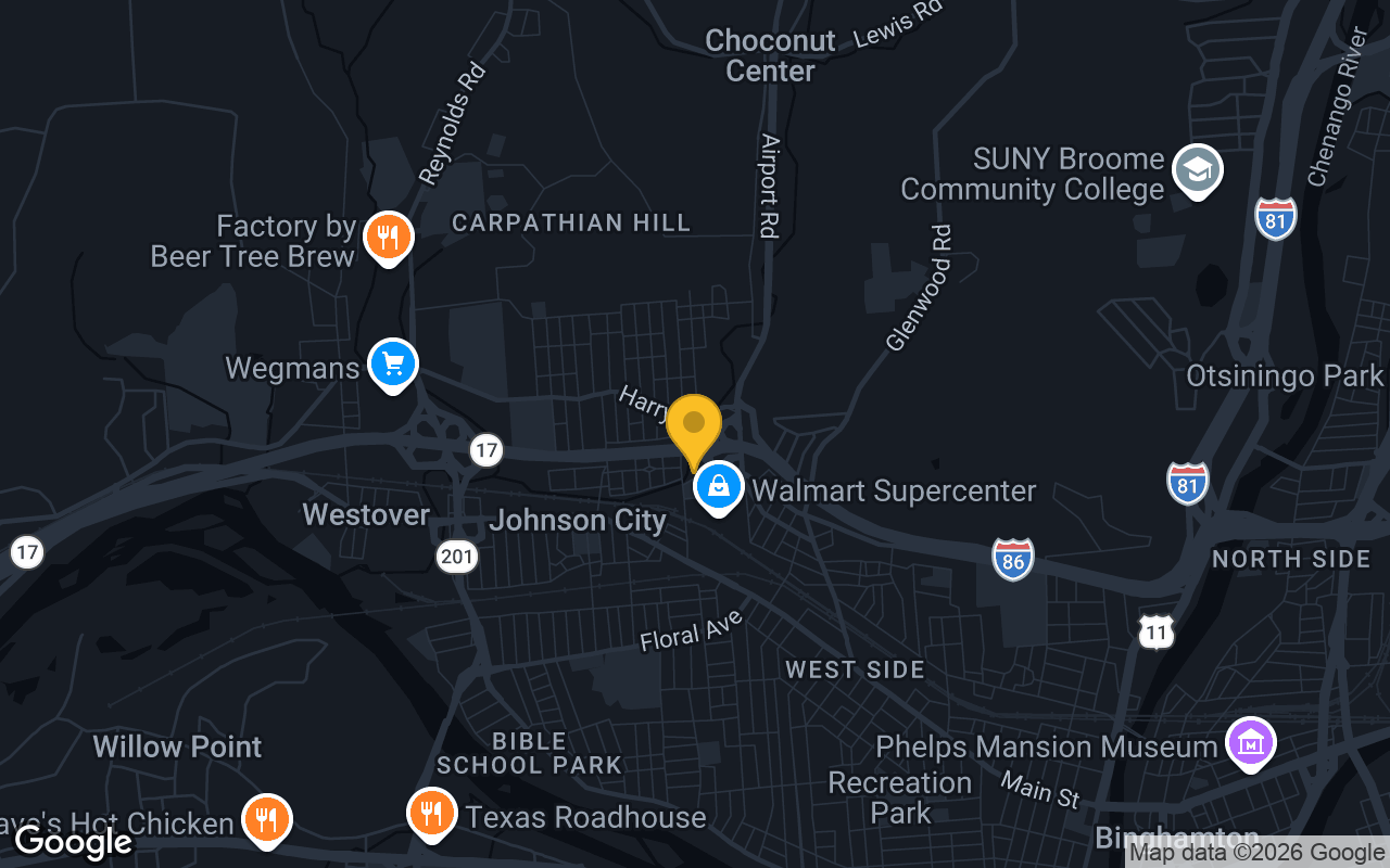 Map of bar trivia spots in Johnson City, NY