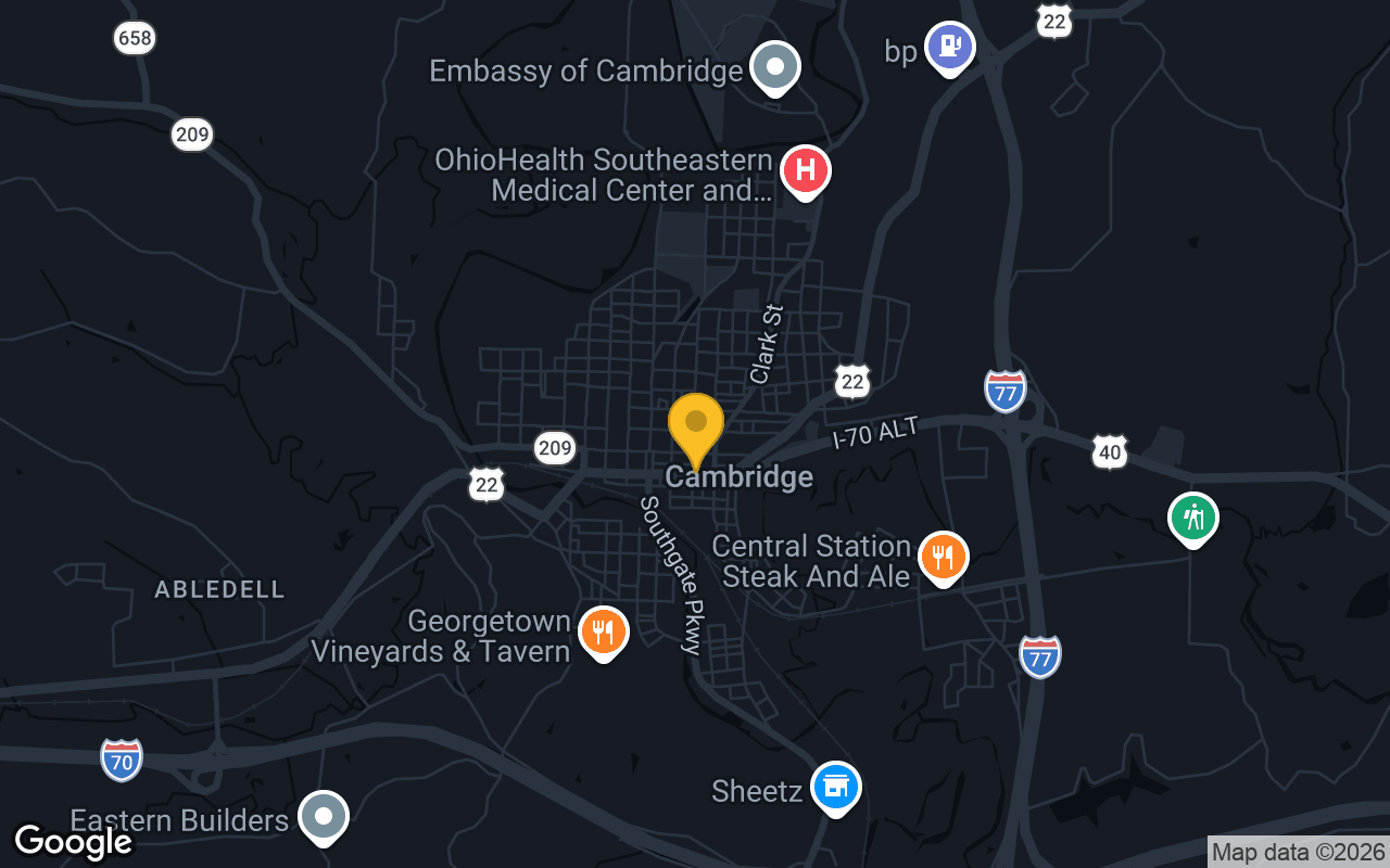 Map of bar trivia spots in Cambridge, OH