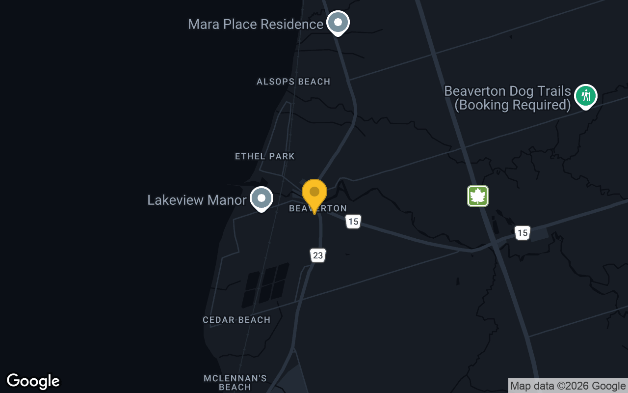 Map of bar trivia spots in Beaverton, ON