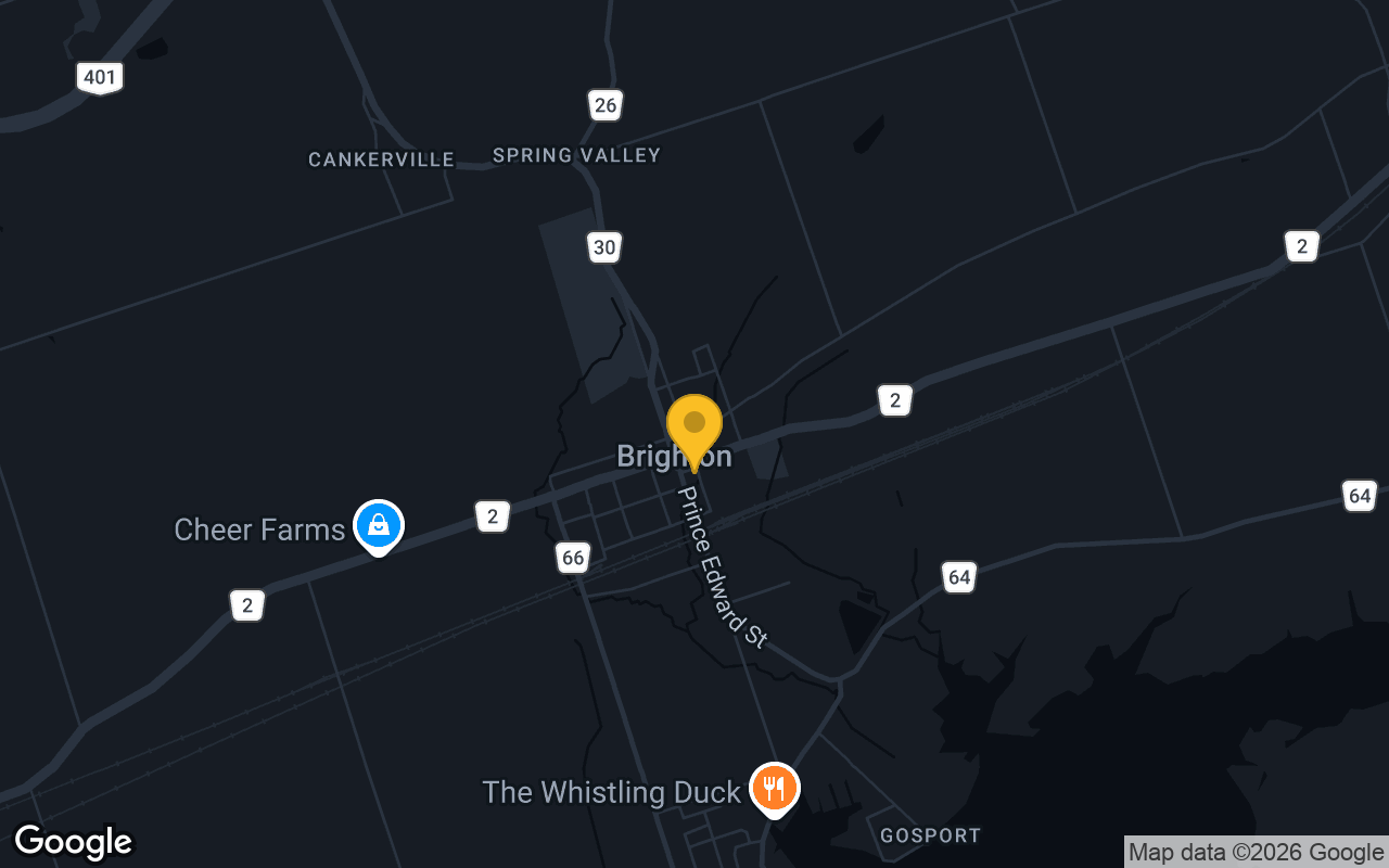 Map of bar trivia spots in Brighton, ON
