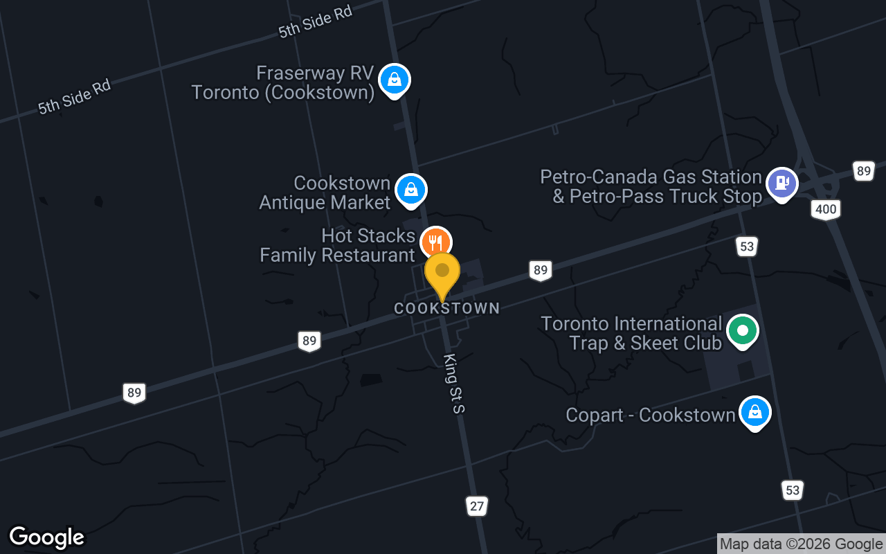 Map of bar trivia spots in Cookstown, ON