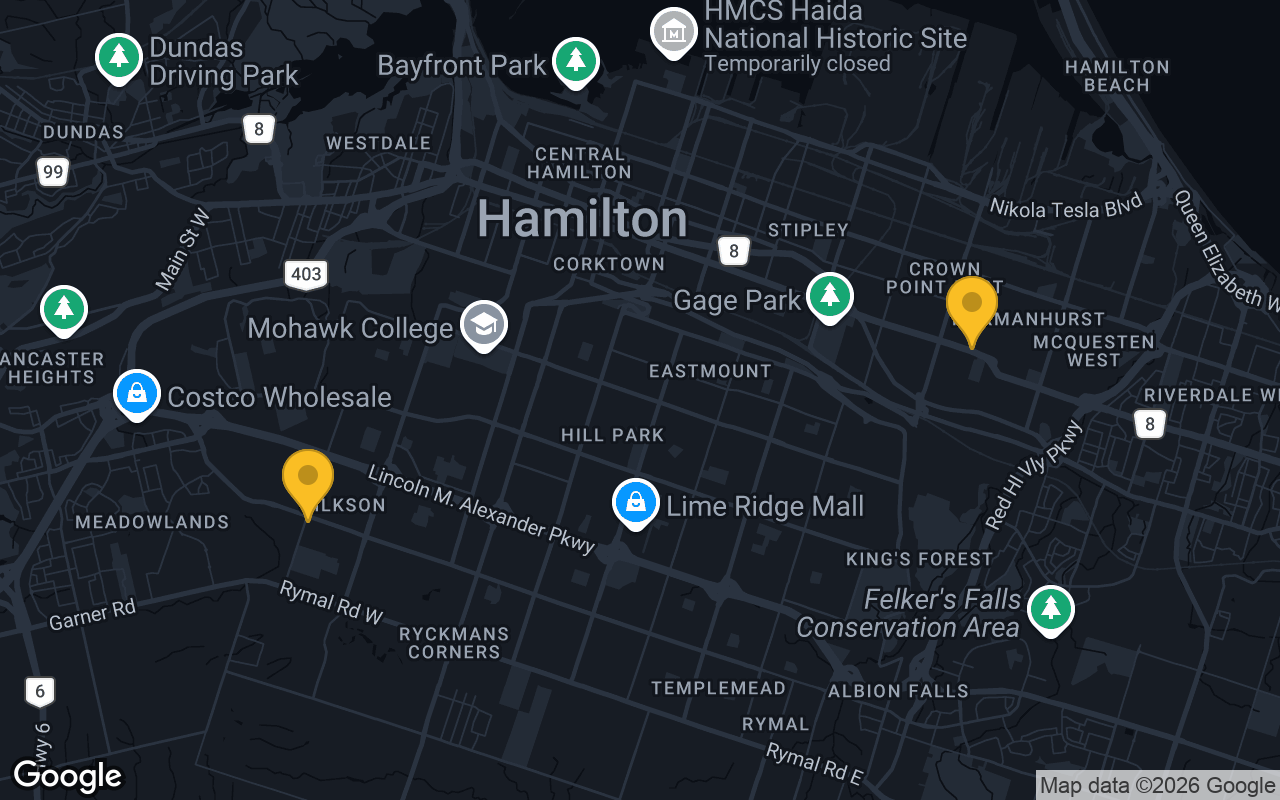 Map of bar trivia spots in Hamilton, ON