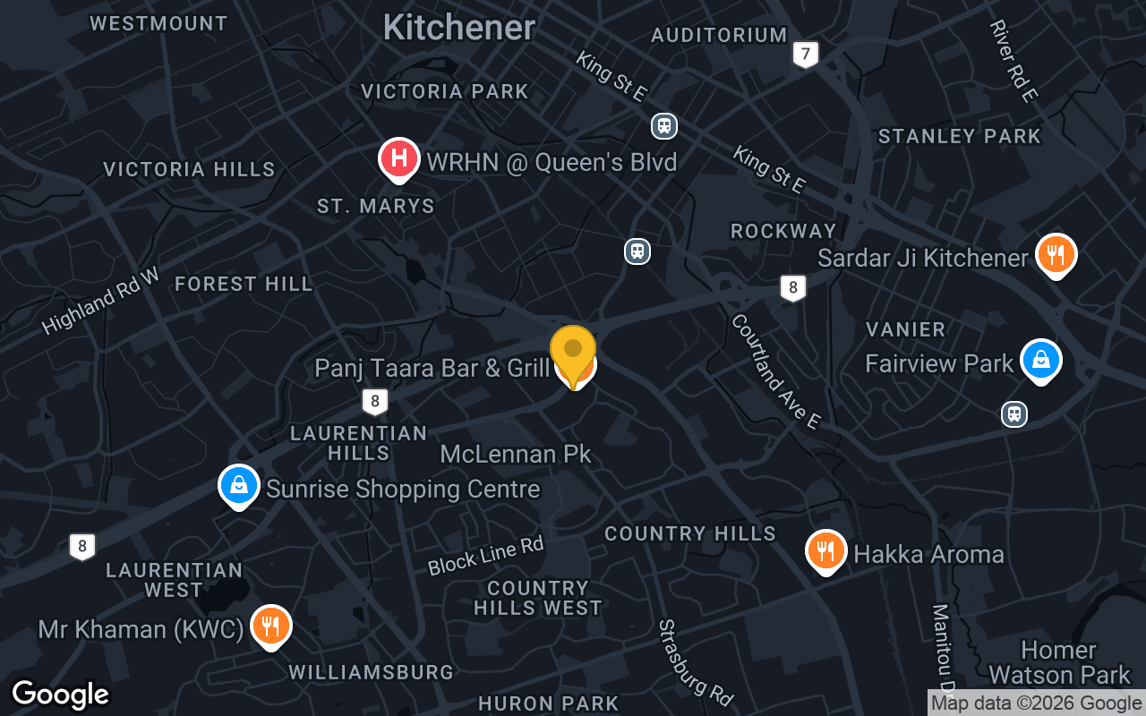 Map of bar trivia spots in Kitchener, ON