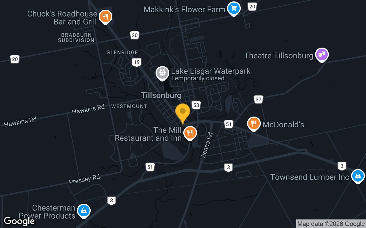 Map of bar trivia spots in Tillsonburg, ON