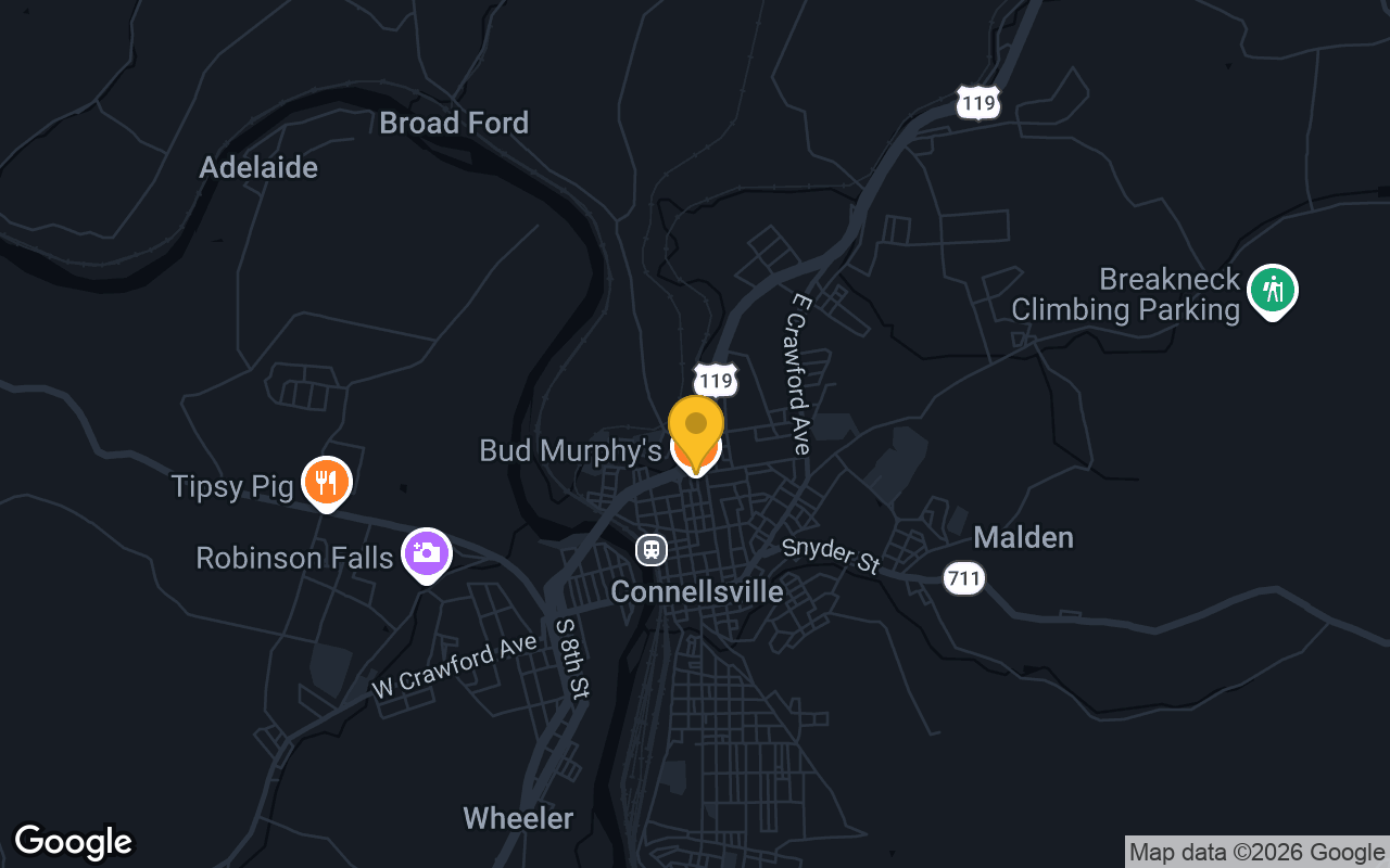 Map of bar trivia spots in Connellsville, PA