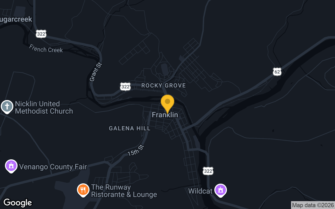 Map of bar trivia spots in Franklin, PA