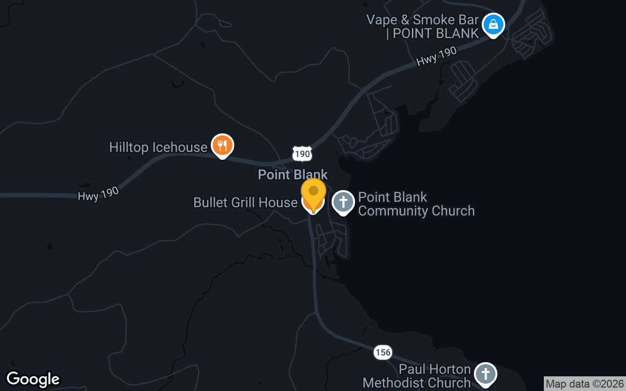 Map of bar trivia spots in Pointblank, TX