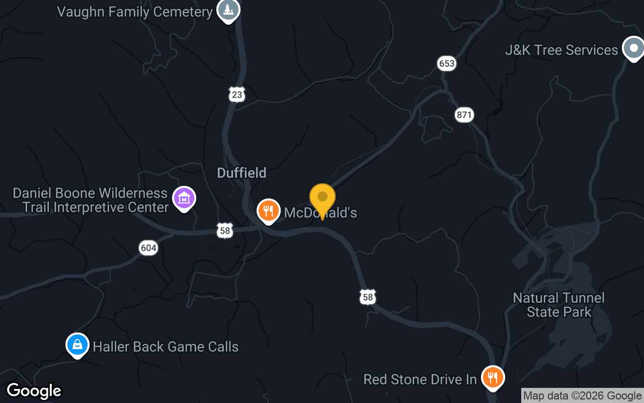 Map of bar trivia spots in Duffield, VA