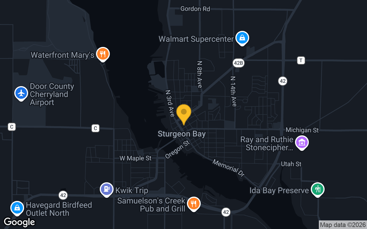 Map of bar trivia spots in Sturgeon Bay, WI