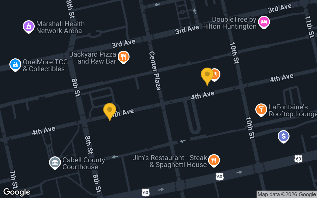 Map of bar trivia spots in Huntington, WV